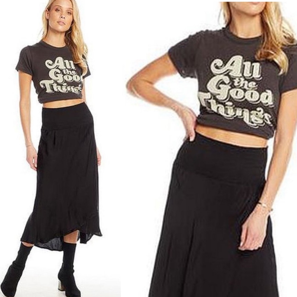 Chaser NWT Silky Basics Smocked Waist Faux Wrap Midi Skirt True Black Sz XS